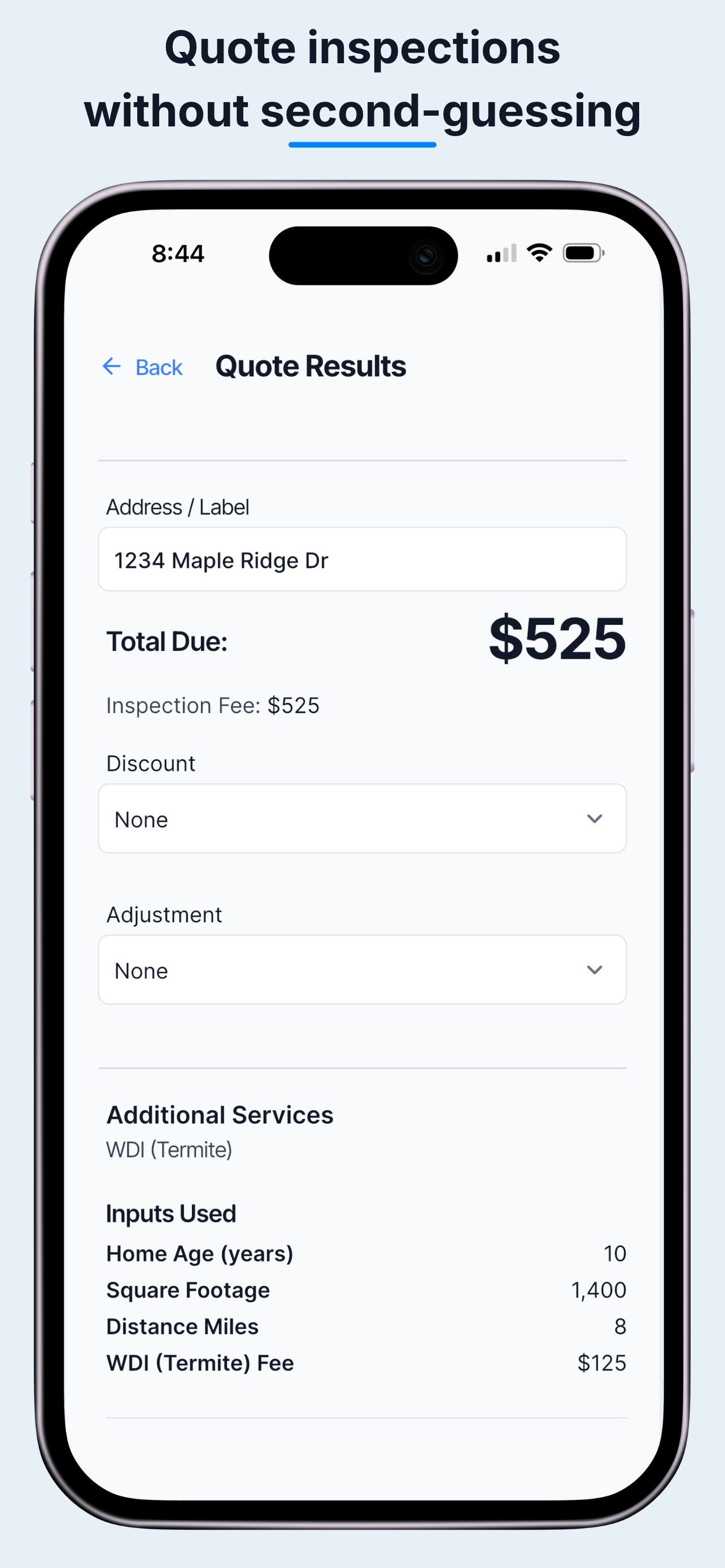 InspectRate quote results showing a sample inspection total of $525.