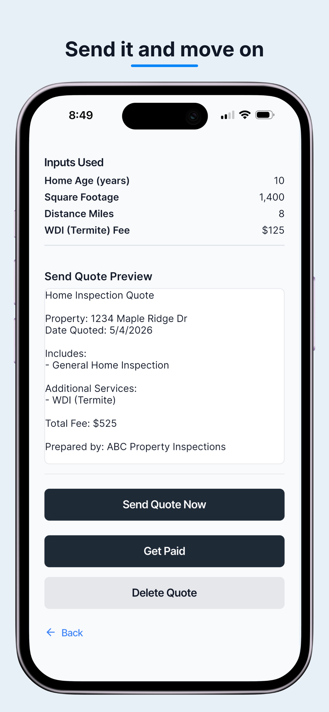 A prepared home inspection quote ready to share from the phone.