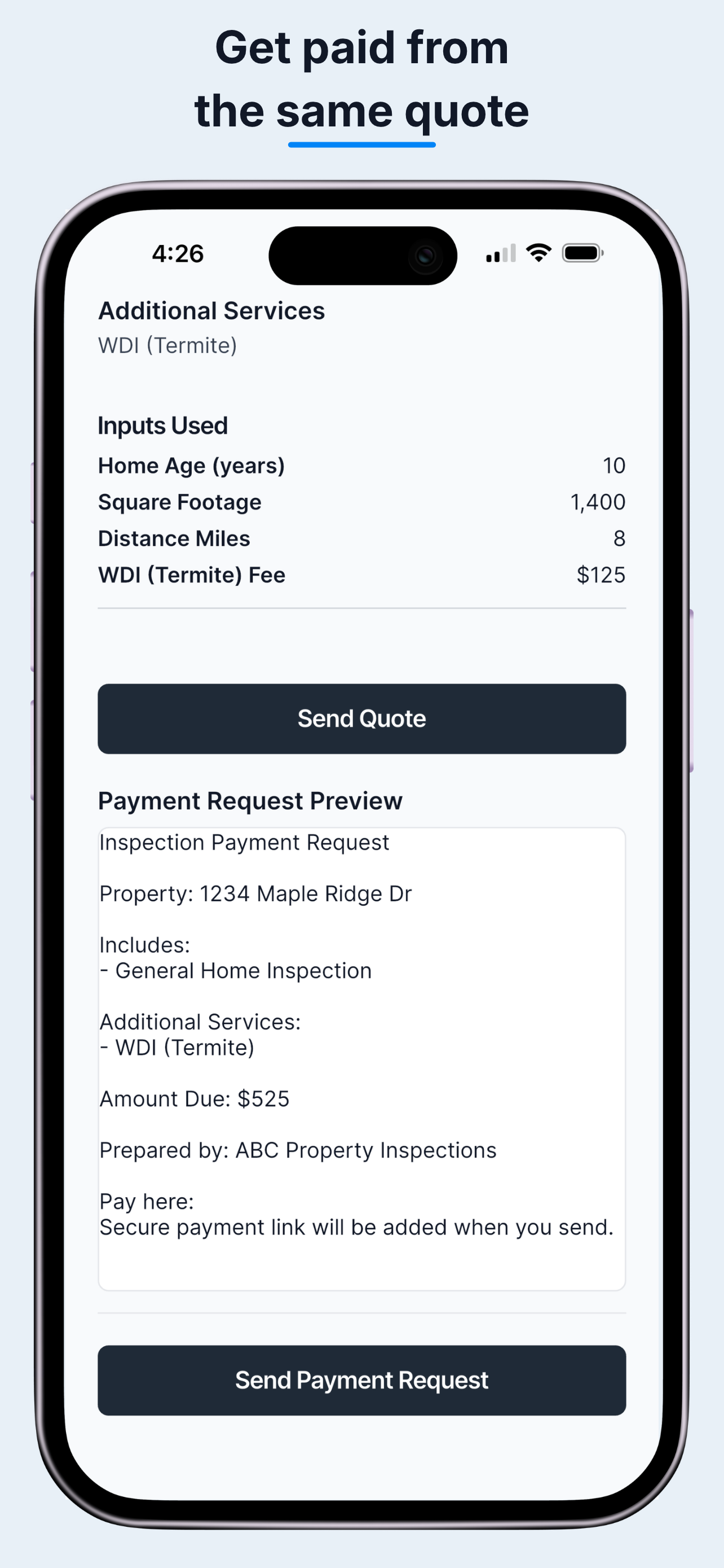 An optional payment request prepared from the saved quote.