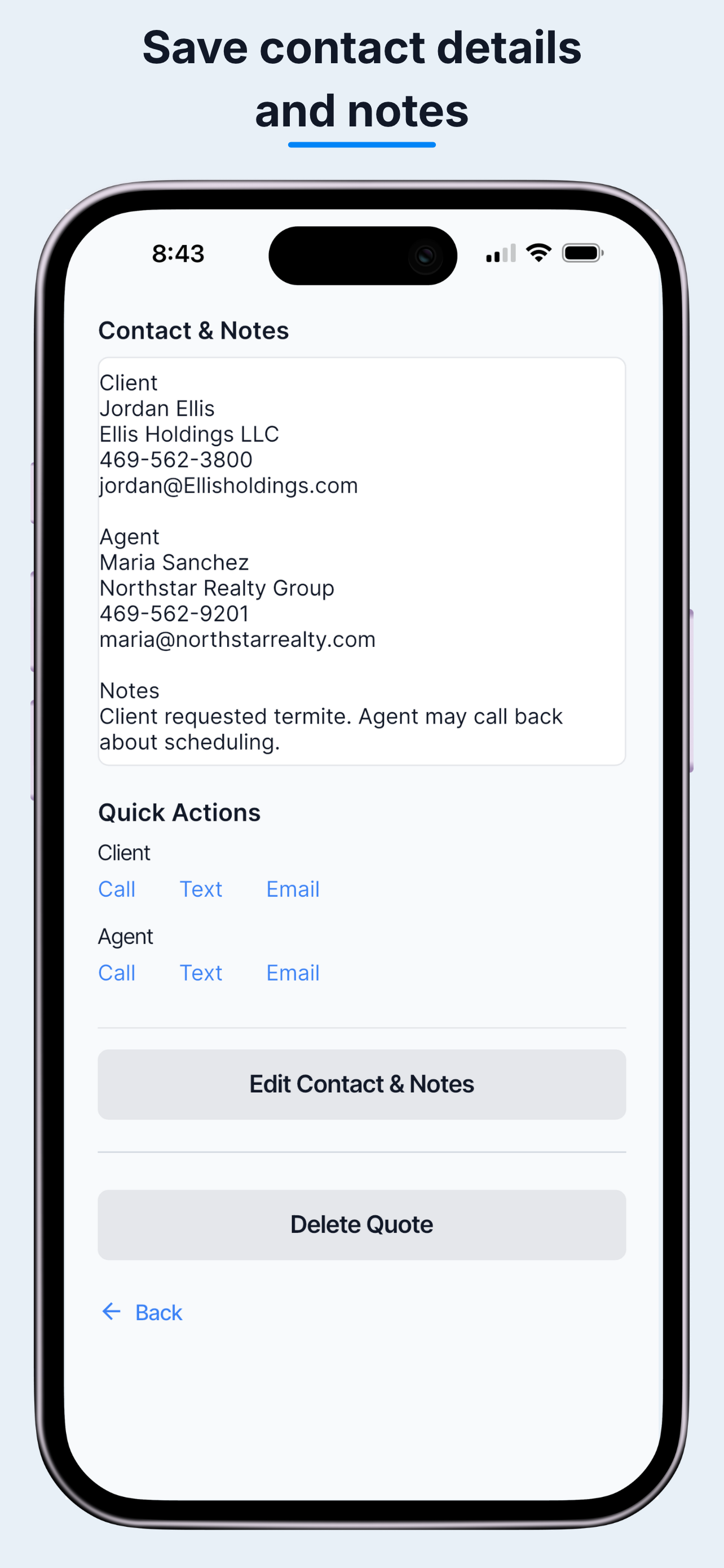 Saved client and agent contact details, notes, and quick contact actions.