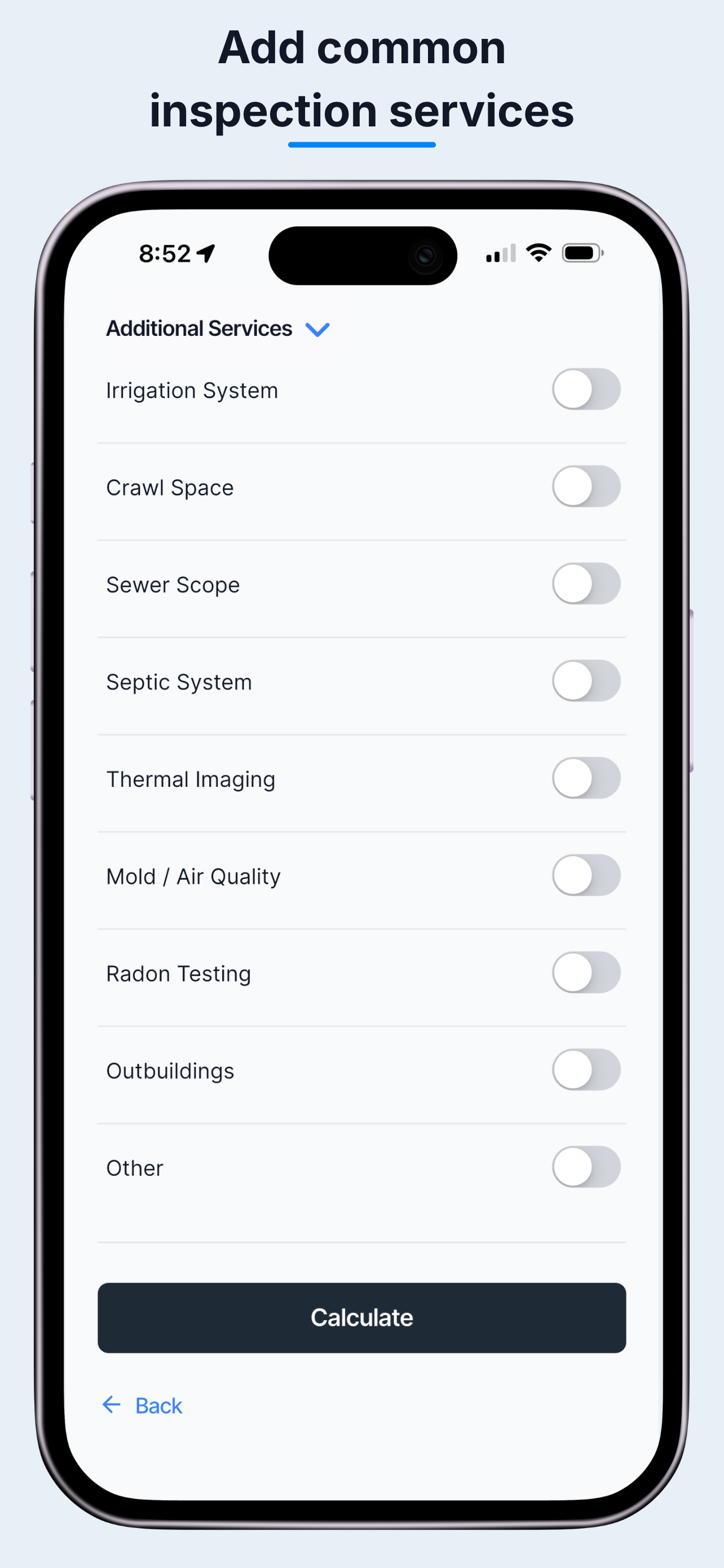 Additional services including crawl space, sewer scope, septic, thermal imaging, mold, and radon.